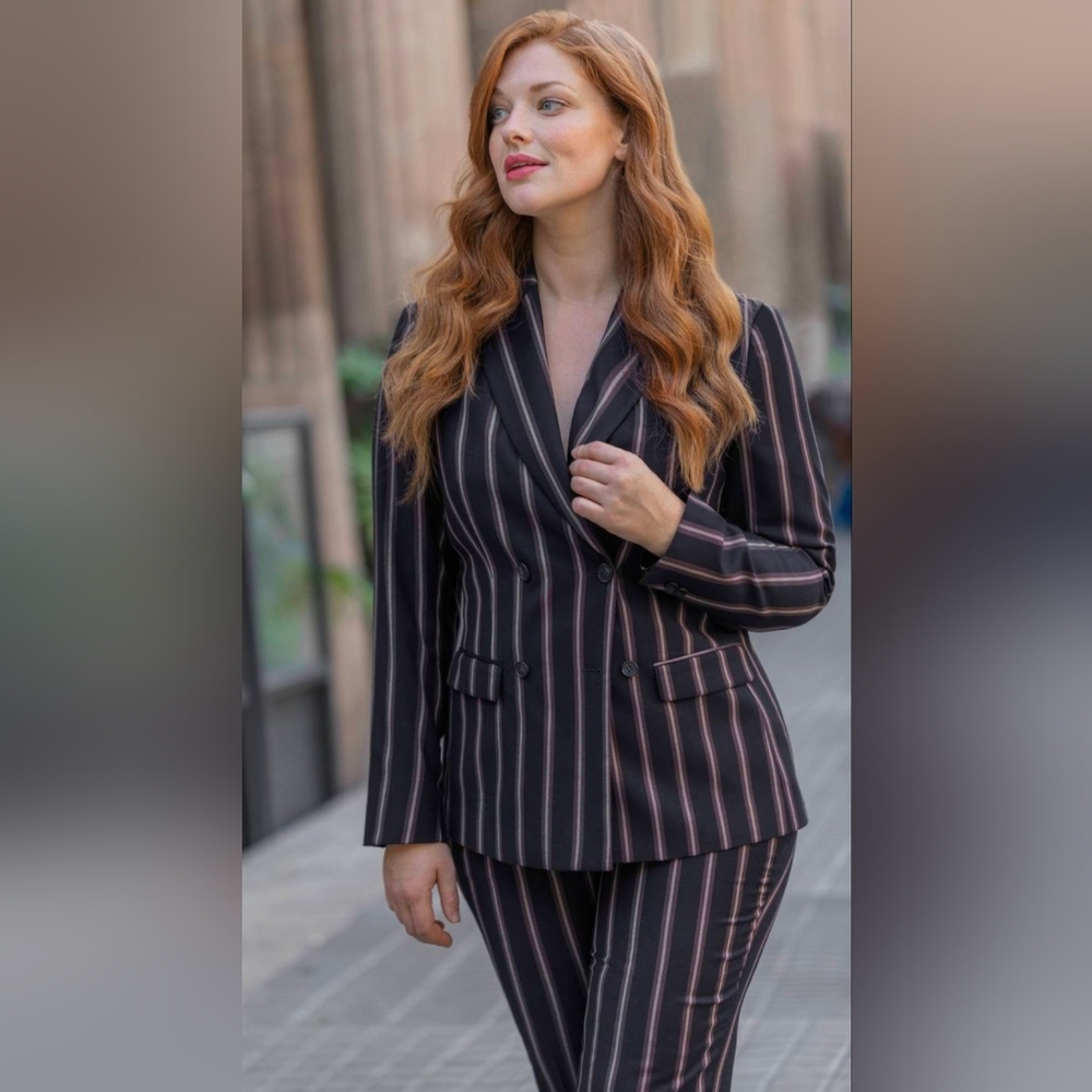 TOWER HILL Women's Bold Stripe Suit Set Blazer Pants Black Purple